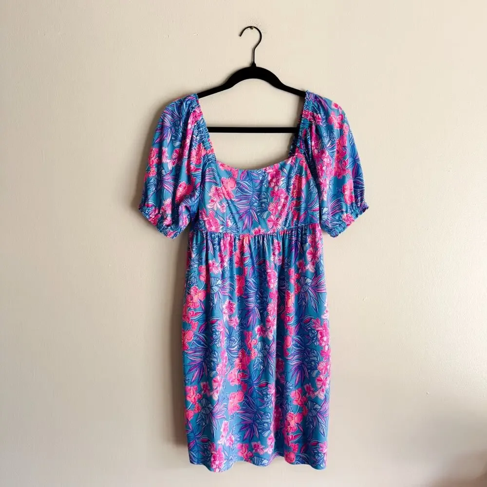 Lilly Pulitzer Blue Pink Cumulus Orchid Oasis Short Sleeve Delaney Dress Size 6
